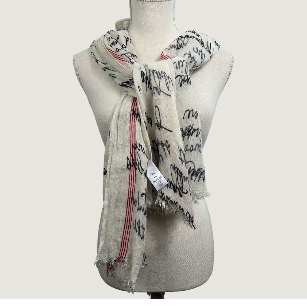Gap Scarf One Size Beige Black Red Signature Print Script Calligraphy 653414-02